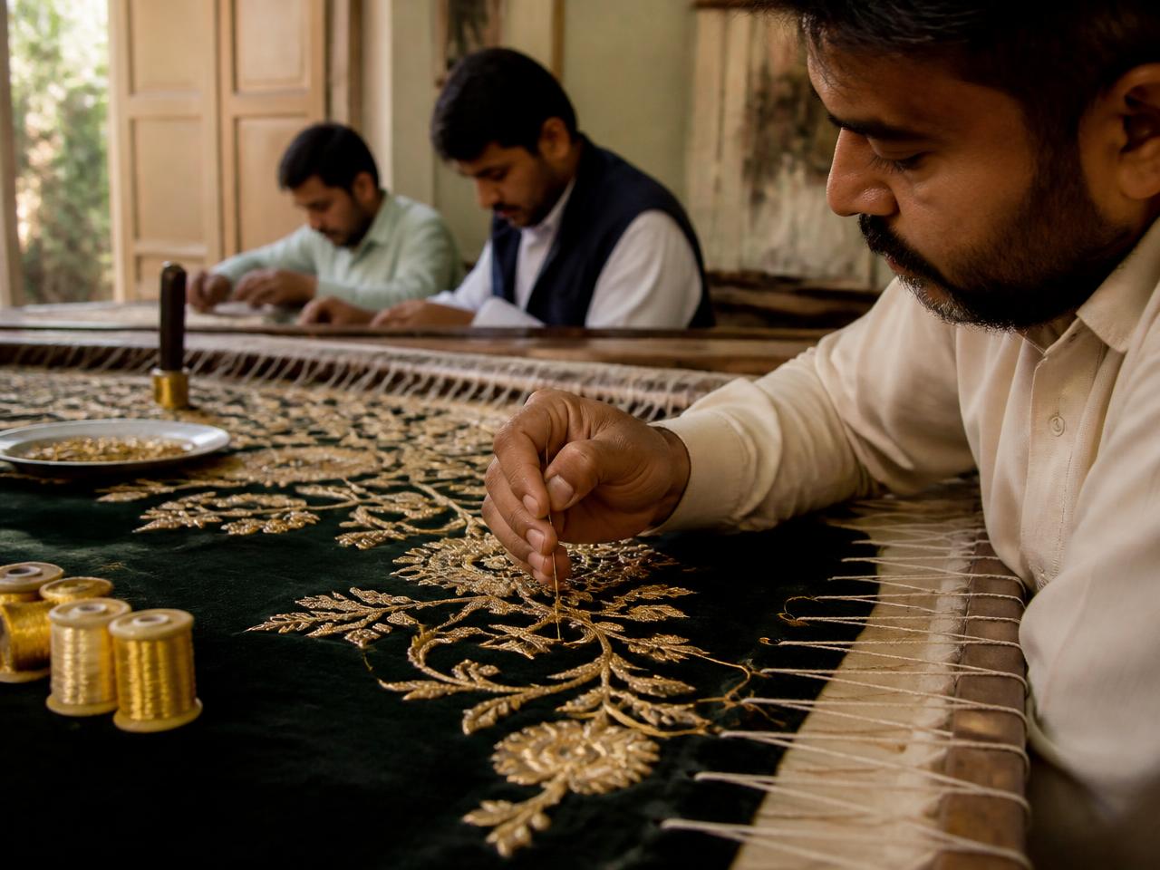 Artisans hand-embroidering fabric in the Mahii fashion atelier